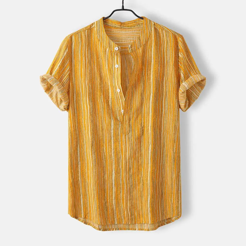 yellow Мужская футболка, футболка с коротким рукавом, топ в полоску, летняя уличная одежда, стоячий воротник, Повседневная разноцветная модная гавайская рубашка - Цвет: yellow