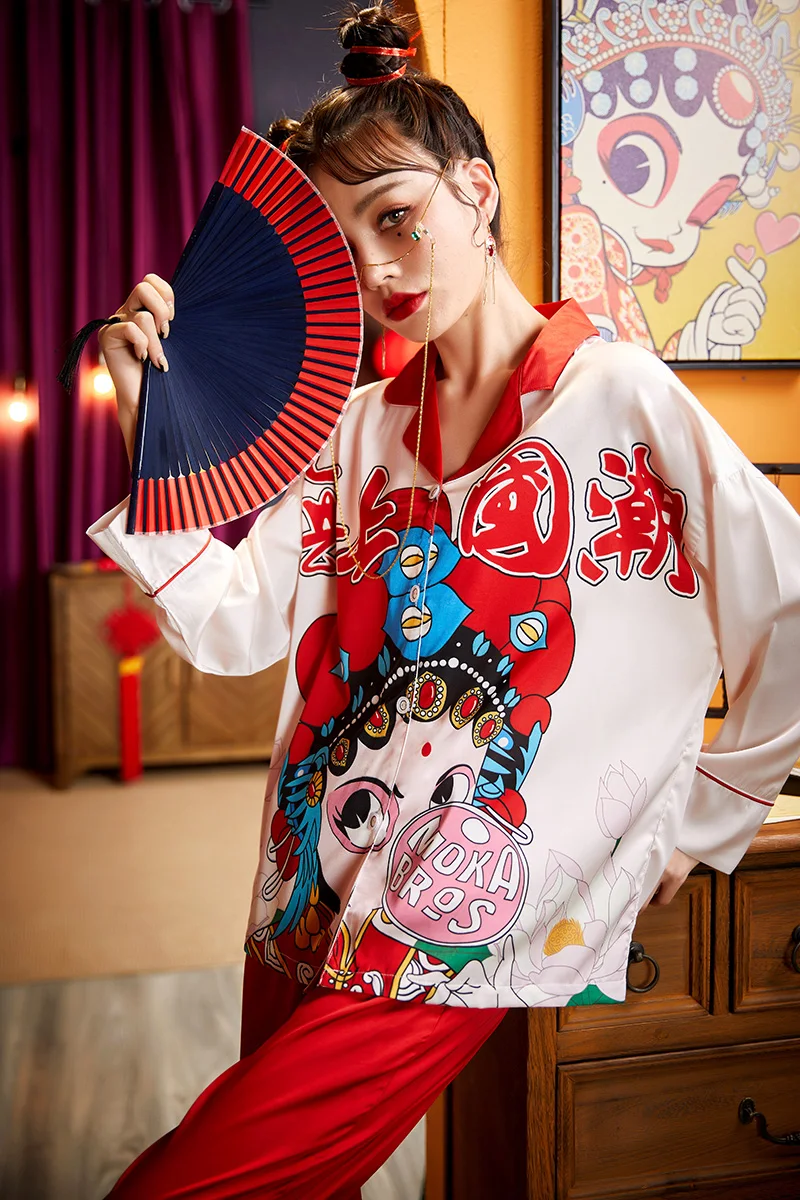 Women Sleepwear Chinoiserie  Summer Pajamas The Tide High Quality Snow and Ice Silk Plus Size Pajama Set Princess Style Spring