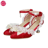pearl pointed toe sandals women shoes boho party high heel summer girls sandalias elegant corduroy lolita bow lace edge red
