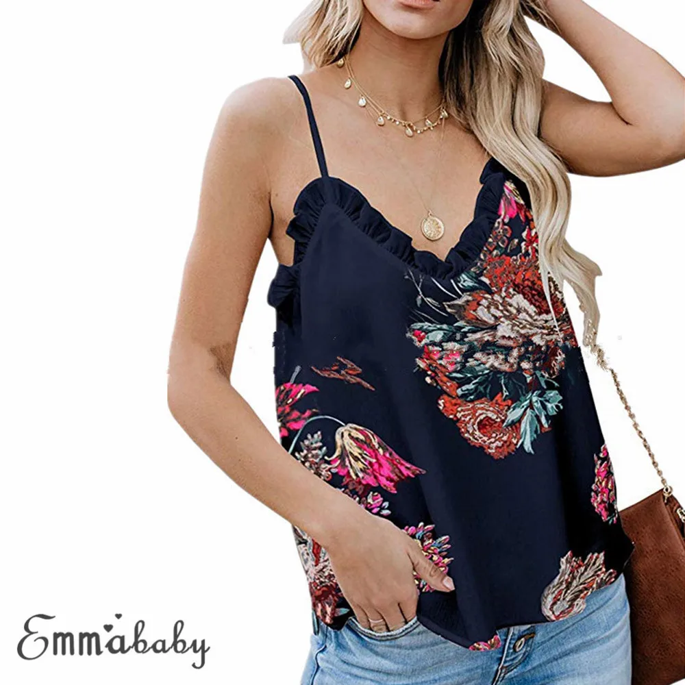 Женский топ без рукавов блузка повседневные свободные майки с цветочным