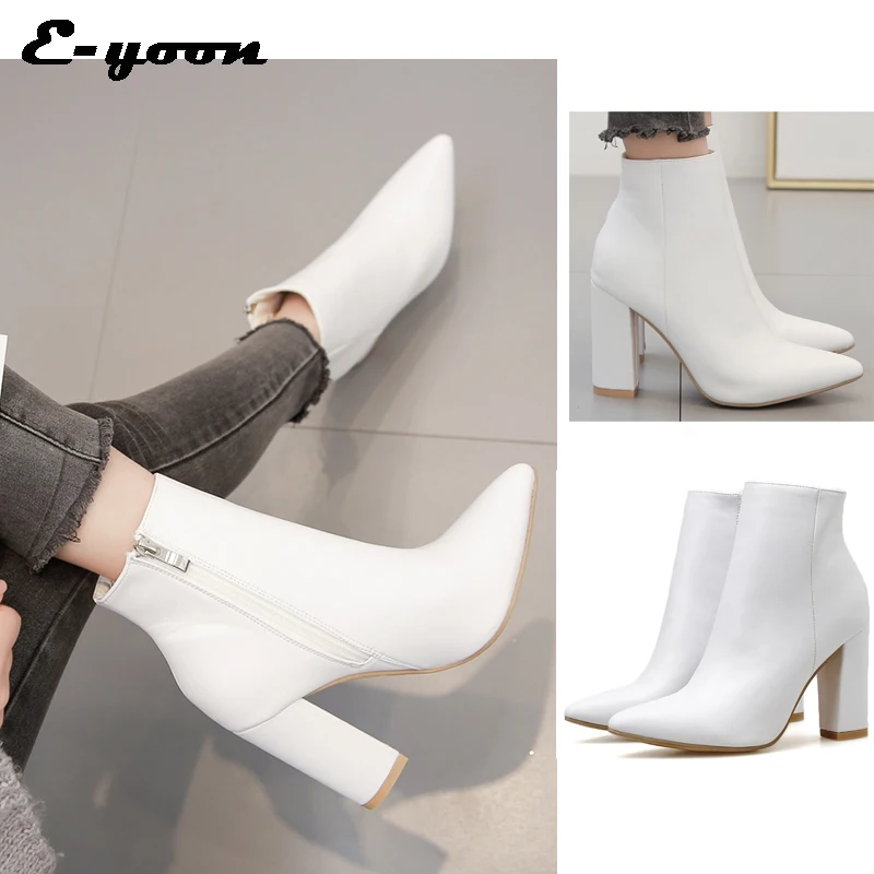 

Женские ботинки с острым носком, белые ботинки до середины икры на высоком каблуке, модель 048 на осень, 2021