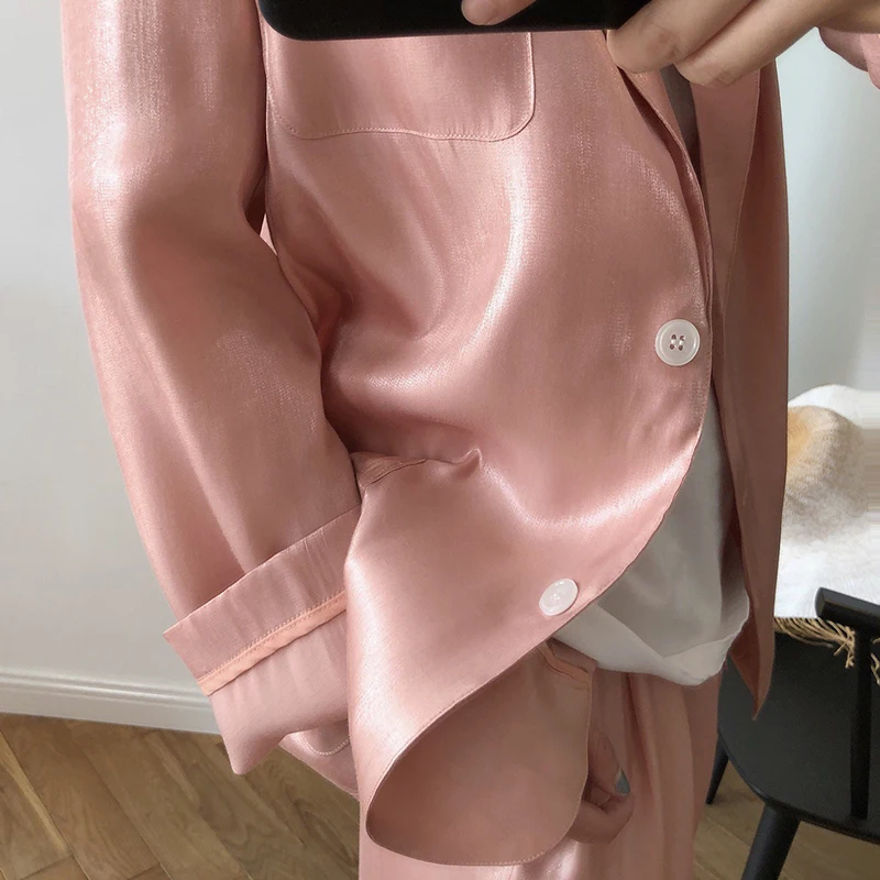 

SHENGPALAE Temperament Pink Blazer Women's Summer 2021 New Notched Loose Thin Single Breasted Long Sleeve Suit Coat Female 5E137