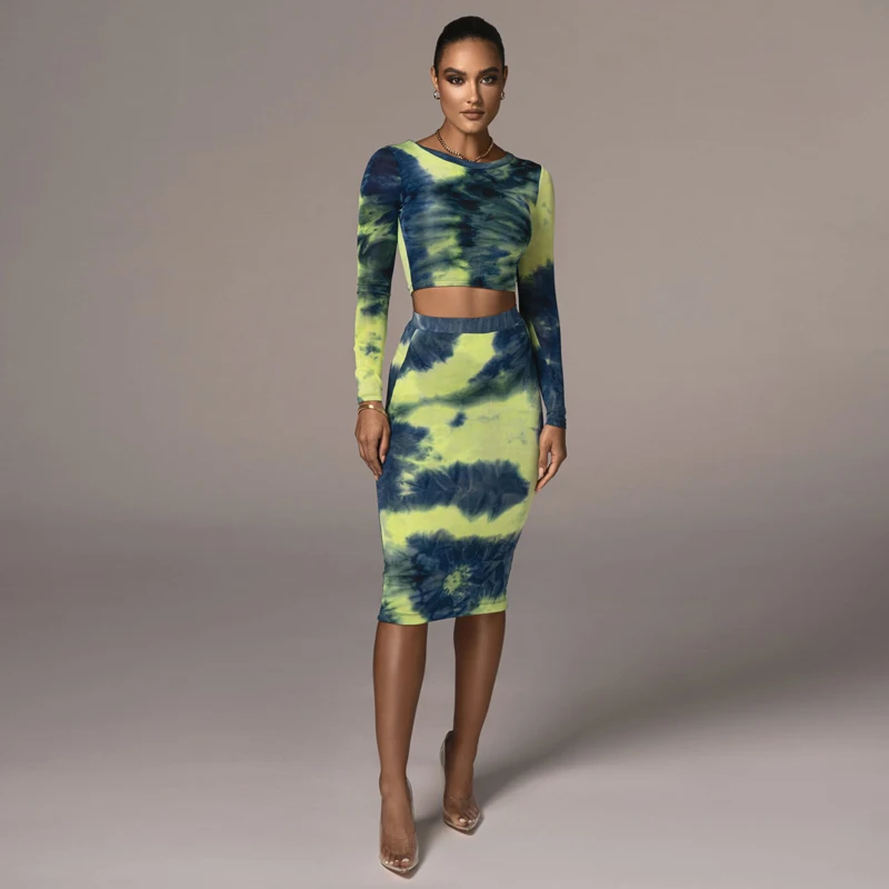 

Zoctuo Long Sleeve 2 Pieces Set Fashion Tie Dye Print Women Set Outfits Sexy T-Shirt Top Mini Skirt Set Party Club Tracksuit