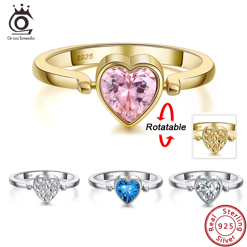 

ORSA JEWELS 925 Silver Heart Rings for Women Lover Rotatable Zircon Solitaire Fancy Ring Promise Band Fashion Jewelry Gift EQR17