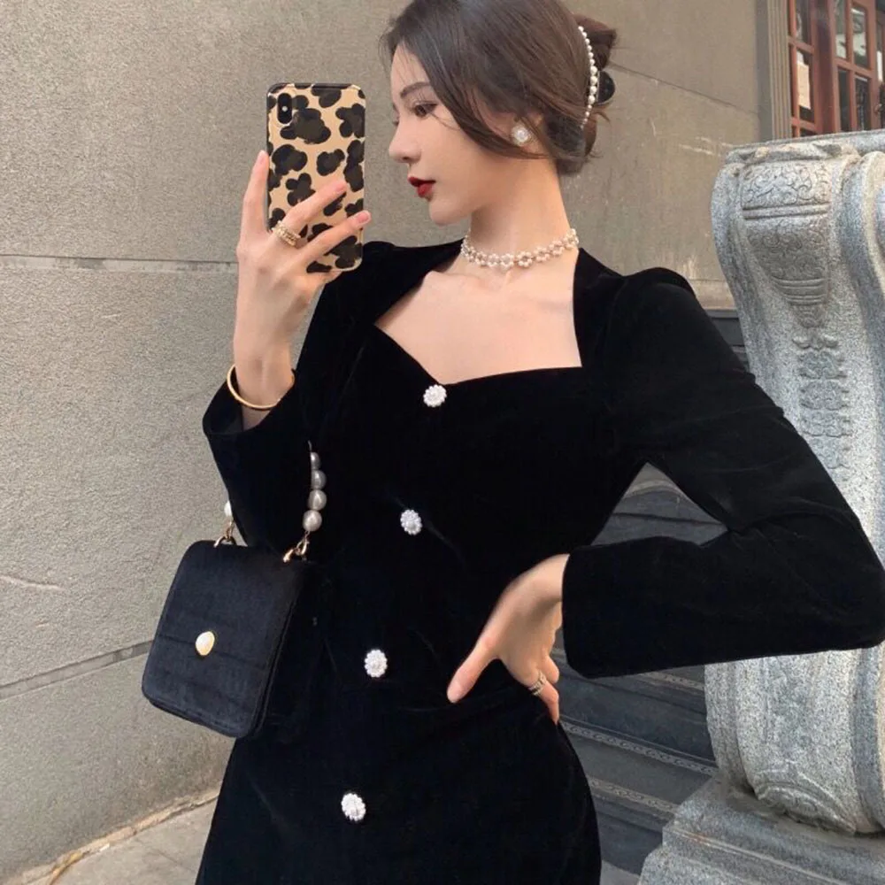 Женское вельветовечерние платье элегантное винтажное черное во французском