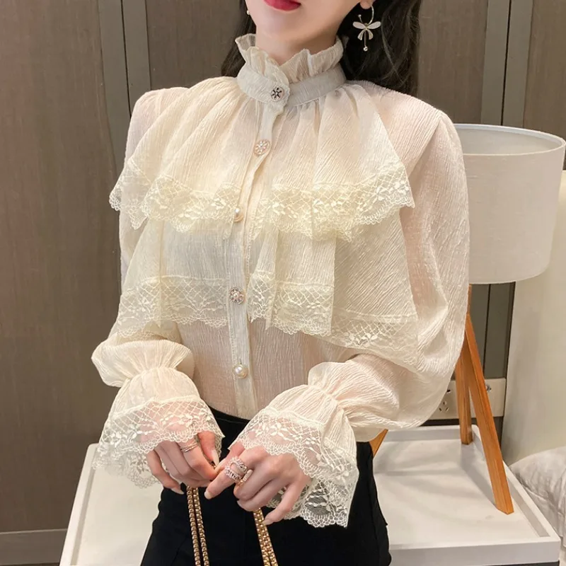 White Victorian Blouse Long Sleeve Gothic Lace Up Corset Top Women Office Renaissance Vintage Party Goth Ruffles Lolita Shirts