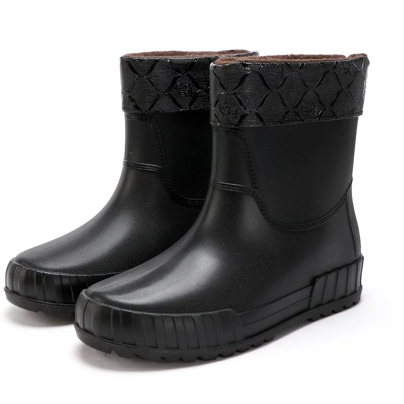 

Men's Medium Tube Anti Slip Waterproof Rain Boots Fashionable Wear-Resistant Fishing Rubber Shoes With Plush Autumn Winte