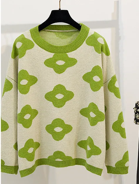 green sweater only Осенний повседневный комплект из двух предметов, женский свободный пуловер с рисунком подсолнуха+ рваные брюки из денима - Цвет: green sweater only