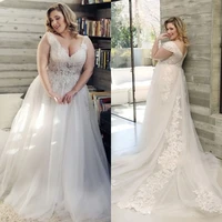 2021 new gorgeous ivory wedding dresses lace cap sleeves plus size wedding gowns v neckline back out bridal dresses appliqued