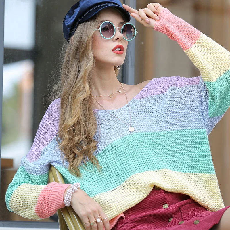 

JIALI Rainbow Striped Sweater Women Pullover V-Neck Spring Autumn Long Sleeve Knitted Clothing Casual Loose Fashion Sexy Top