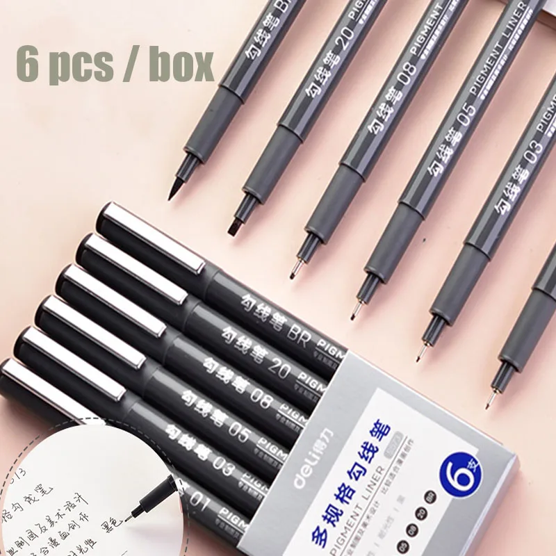 

6 шт./корт. Deli S573 ручка для рисования 0,25/0,35/0,45/0,50/2,0 мм мягкая ручка с черными чернилами для подписи студенческие офисные принадлежности канце...