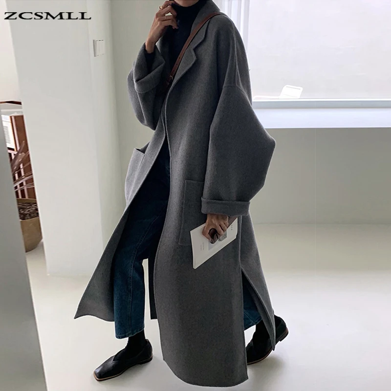 

ZCSMLL корейский шикарный весенний Тренч с винтажным воротником с большими карманами дизайнерское длинное пальто выше колена с разрезом шерс...