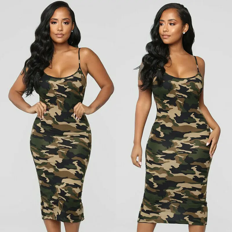 Женское повседневное облегающее платье без рукавов камуфляжное