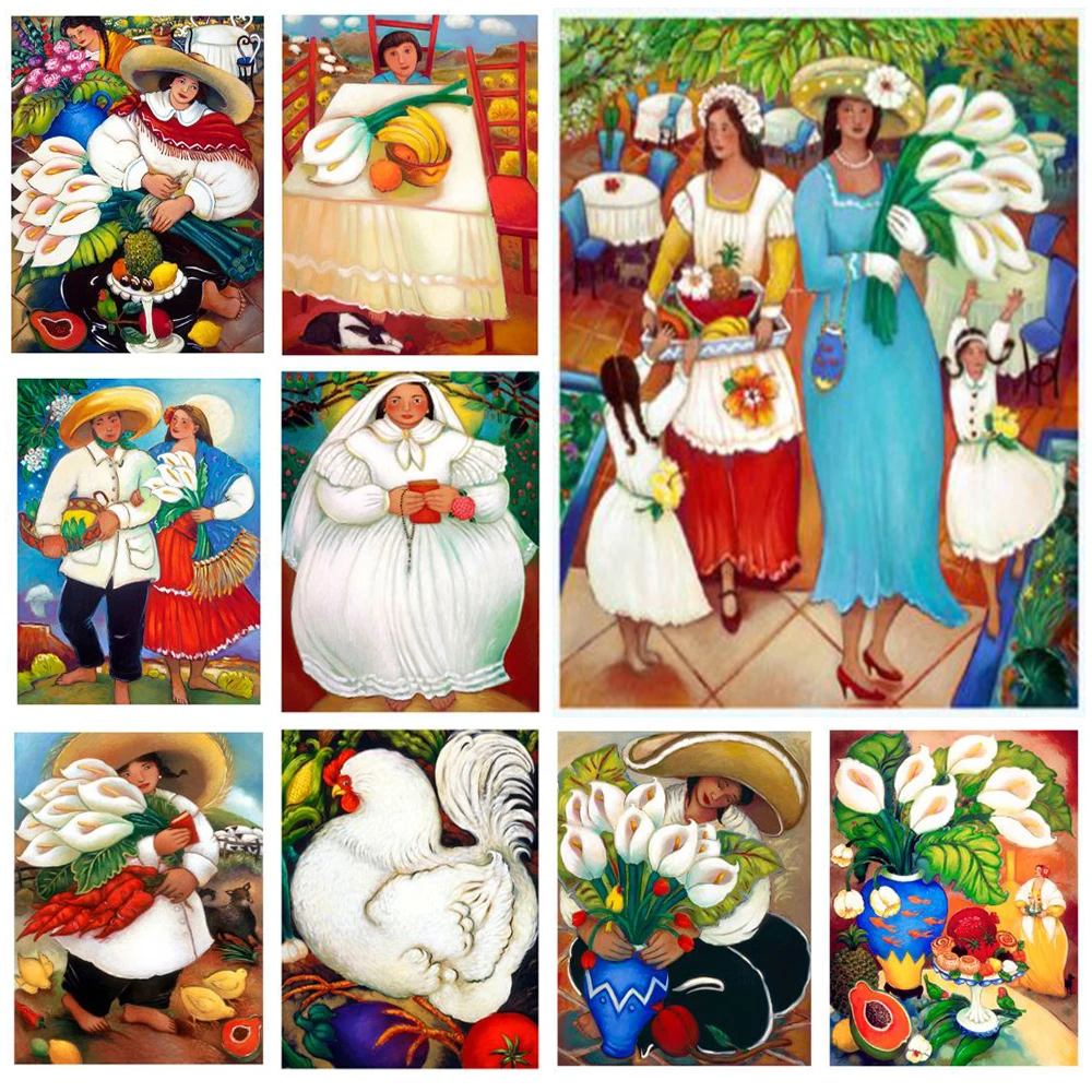 

Vintage Girl Village Life Rooster Nordic Poster Wall Art Canvas Painting Wall Pictures For Living Room Home Decor Unframed