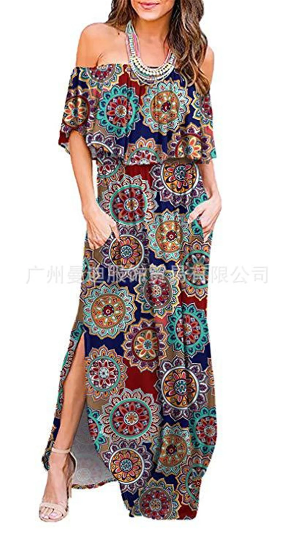 

2021 Summer Printed Long Dress One-word Shoulder Wrap Chest Fold Print Slit Long Dress Bohe Beach Dress for Sea