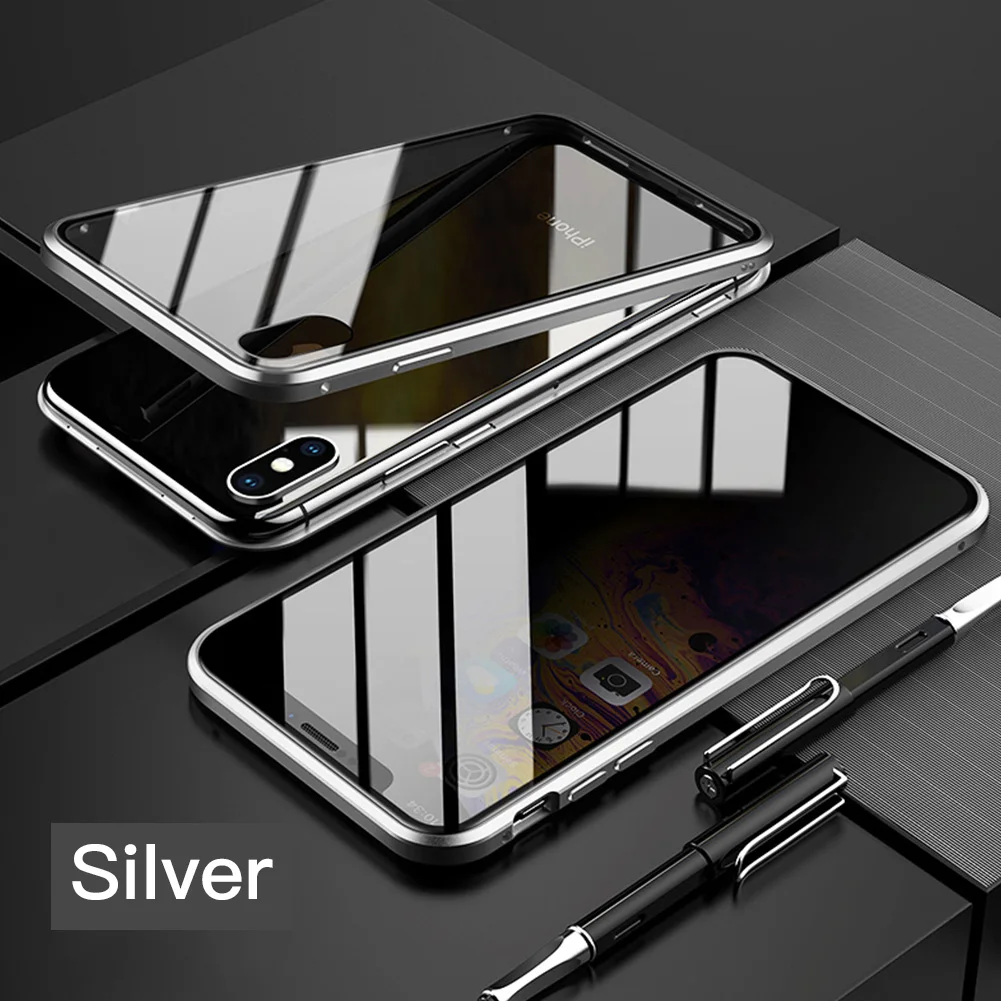Silver Магнитный чехол из закаленного стекла для iPhone XS 11 Pro MAX XR X 8 samsung Galaxy Note 10, Защитный металлический бампер - Цвет: Silver