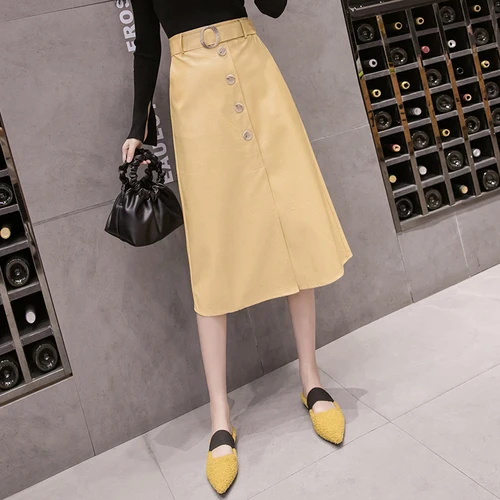 Yellow Осенние женские юбки из искусственной кожи, новинка года, Корейская версия, однотонные ленты с высокой талией и пуговицами, Облегающая Юбка-миди из искусственной кожи, Faldas - Цвет: Yellow