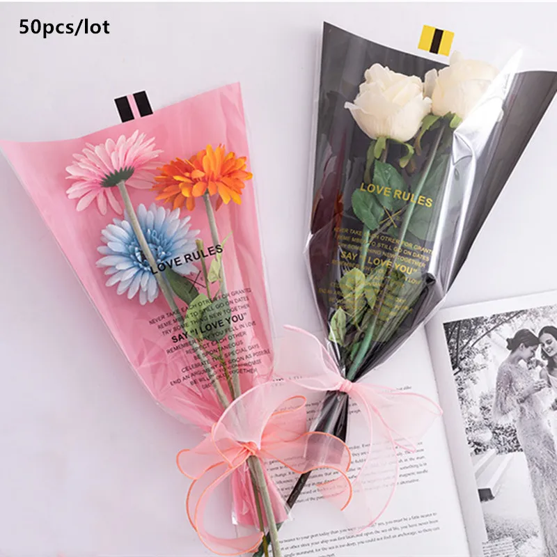 50 шт. прозрачная полупрозрачная мини сумка для букета одна розовая сумочка