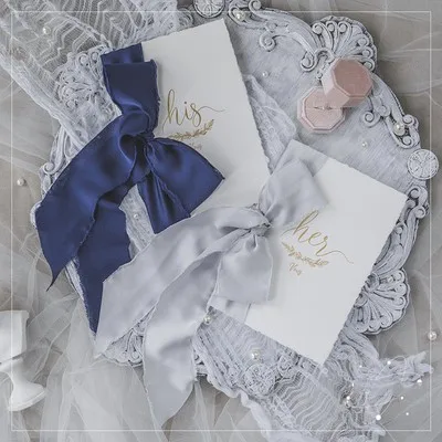 Silver Dark Blue 2 шт романтическая свадебная открытка с шармезом, шифоновая лента "His Her wows", свадебные открытки, клятва, подарок для свадебного душа, Flatlays Prop - Цвет: Silver Dark Blue