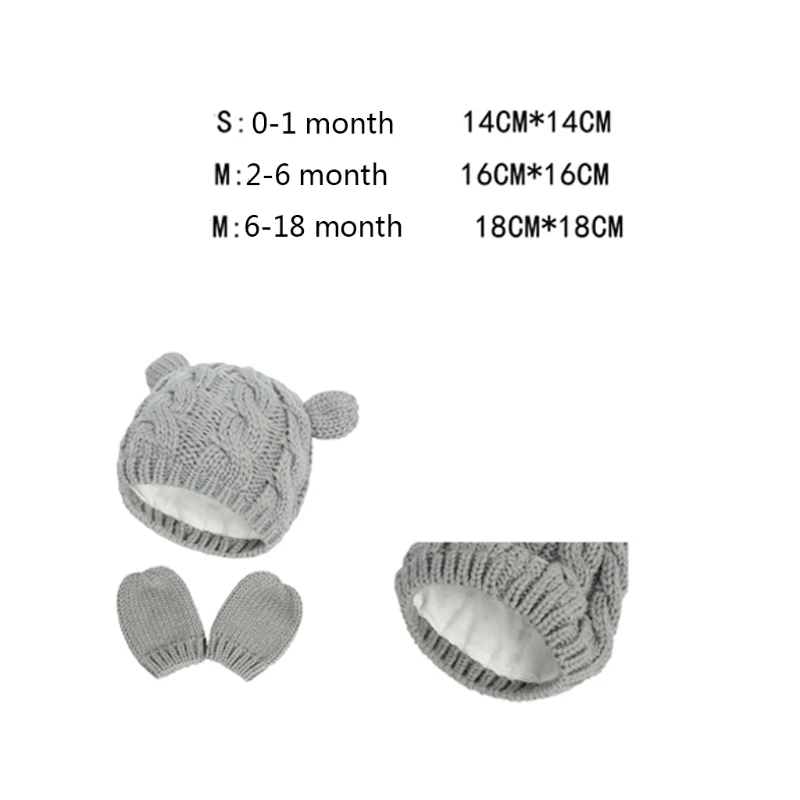 

1 Set Baby Hat and Mittens Set Kids Knitted Cotton Beanie Cap Winter Warm Boys Girls Double Pompom Hats Gloves