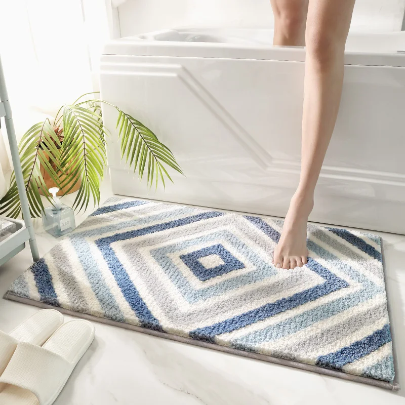 

Simplicity Geometry Style Bath Mat Anti-slip Flocking Bathroom Rug Quickly Water Absorbent Floor Bedroom Living Room Carpet