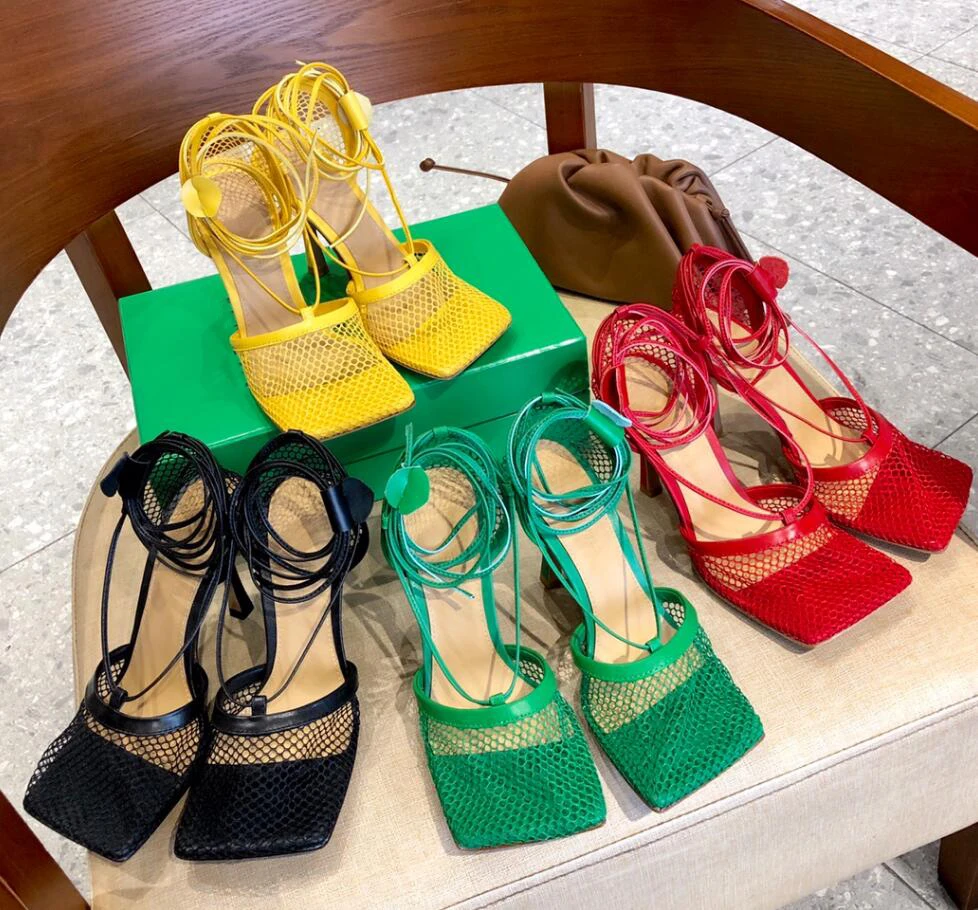 

High Heels Net Mesh Brand Shoes Squared Toe Ankle Lace Up Real Leather Sandalias 2021 Summer New Green Red Yellow Sexy Shoe