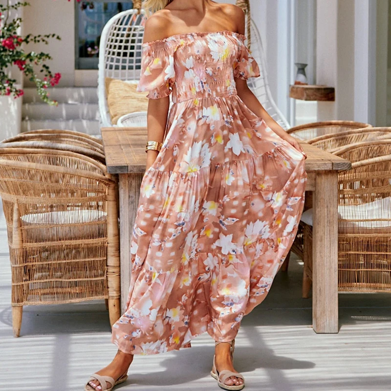 

Женское длинное платье с цветочным принтом, Повседневное платье без бретелек с вырезом лодочкой и пышными рукавами в богемном стиле для отп...