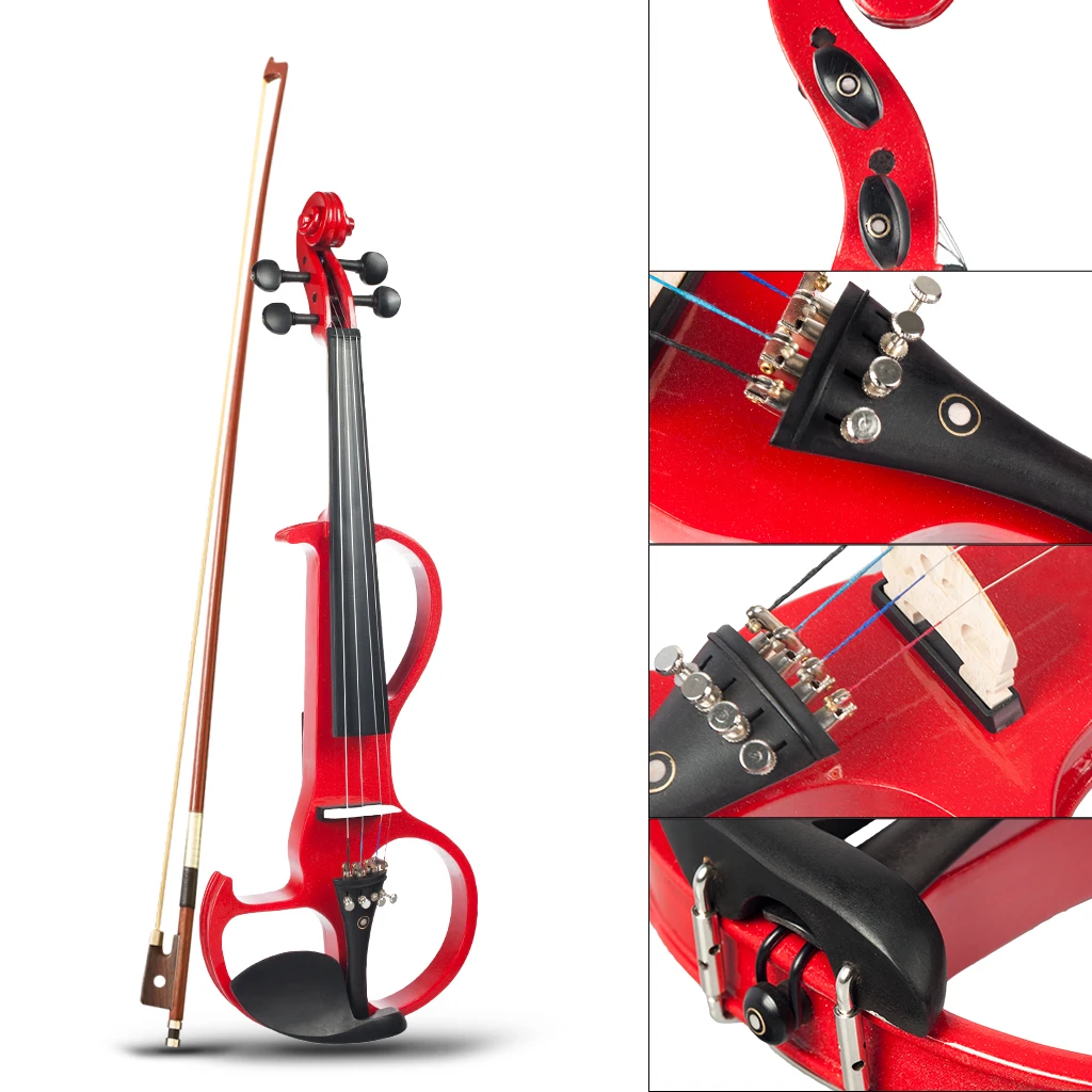 

Portable Red Electric Silent Violin with Rosin Bow Bag Headphone 4/4 Size