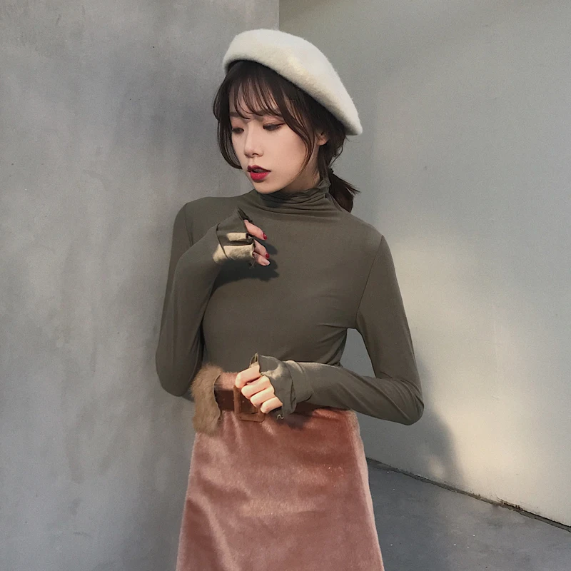 

One Size Temperament Women's T-Shirt Autumn Winter Solid Color Wave Edge High Neck Bottoming Shirt Long Sleeve Top All-Match