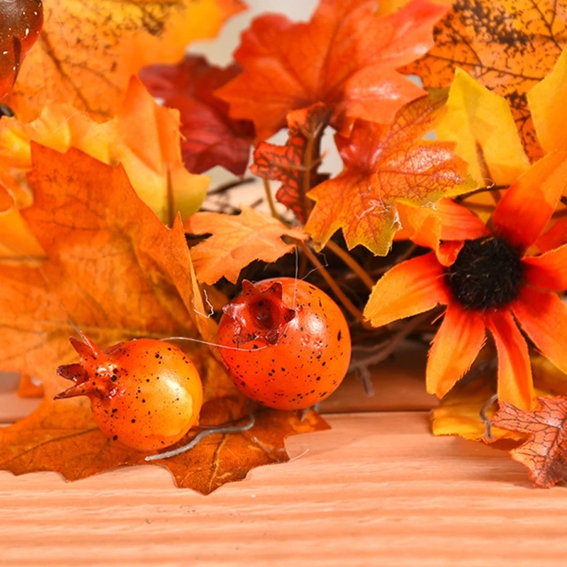 

50JD 34cm Christmas Halloween Fall Wreath Artificial Autumn Maple Leaf Pumpkins Harvest Thanksgiving Front Door Garland Decor