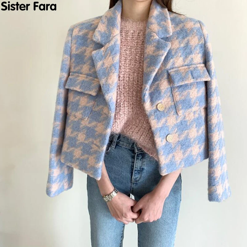 

Sister Fara New Spring 2021 Houndstooth Short Jacket Coat Women Turn-Down Collar Single Breasted Chic Autumn Office Lady Jacket