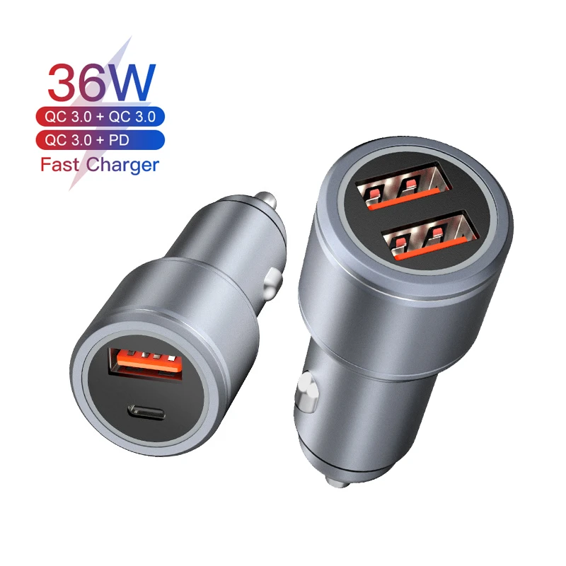 36 Вт Dual USB Автомобильное зарядное устройство PD металлическое для быстрой зарядки