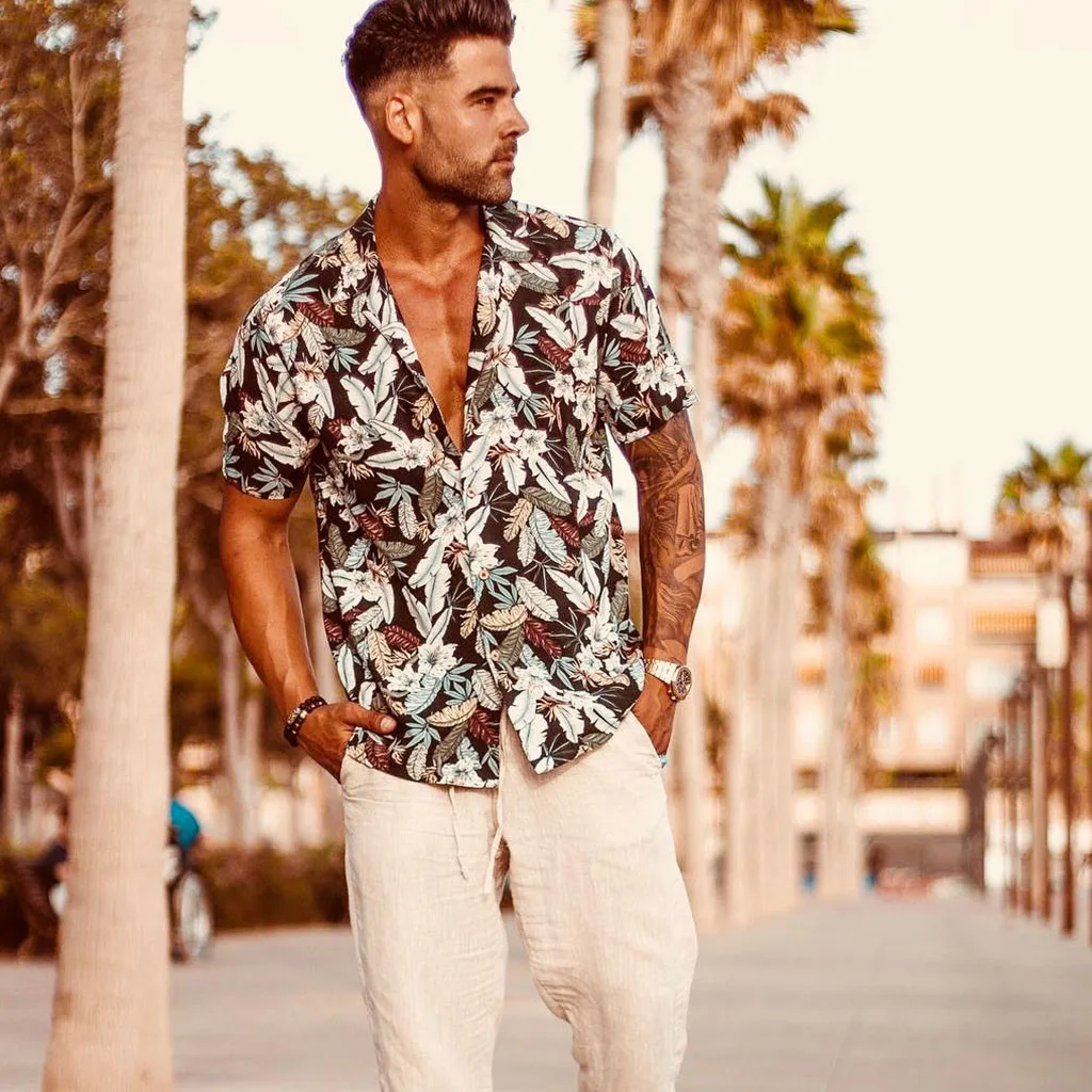 

Men's Aloha Shirt Hawaiian Short Sleeve Floral Shirts Casual Turn Down Collar Loose Basic Beach Tops Summer Camisas De Hombre