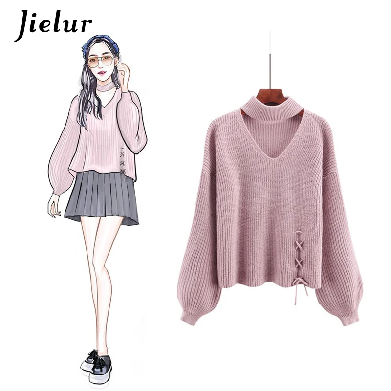 Jielur 5 Solid Color Hollow Lace-up Sweater Women Korean Style Winter Pullover Lantern Sleeve Warm Streetwear Sueter Mujer 2021 | Женская