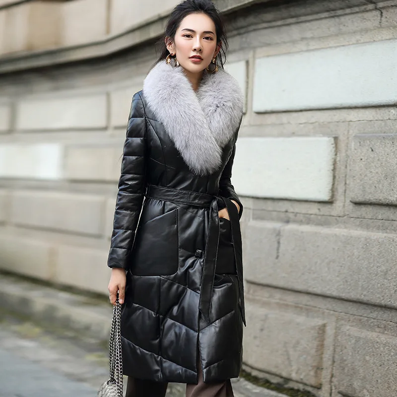 High End Leather Duck Down Jacket Women's Middle  Long Fox Fur Lace Up Real Leather Fur Coat Cotton Thickened Outwear with Belt