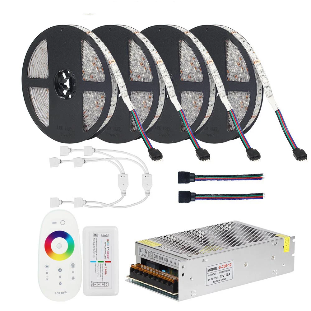 DC12V 5050 Светодиодные ленты RGB/RGBW/RGBWW 5 м 10 м 20 м Декодер каналов кабельного телевидения Светодиодные ленты 5050 RGB 60 Светодиодный s/M+ сенсорный пульт дистанционного управления+ 12V Мощность адаптер