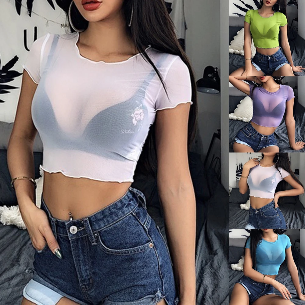

1PCS Women Sexy Tee Tops Transparent Mesh Sheer See Through Crop Top Short Sleeve T-Shirt Blouse S-XL