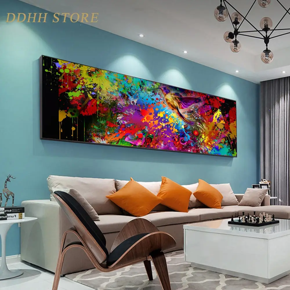 

Large Abstract Poster Different Colors Flowers Wall Art Canvas Oil Painting Color Bird Modern For Living Home Room Decor Picture