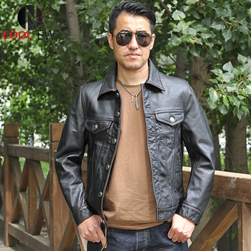 

Мужская винтажная куртка из натуральной кожи, черная однобортная весенняя куртка из натуральной воловьей кожи в американском ретро-стиле, ...
