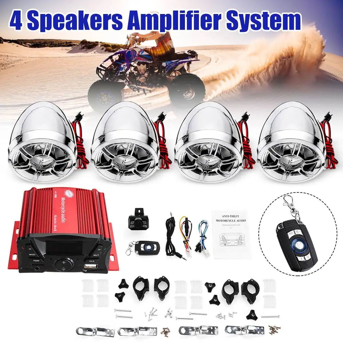 

4 Speaker Motorcycle Amplifier System Mini Motorcycle Audio Amplifi Speaker With Wireless Remote Control LED Display USB Port
