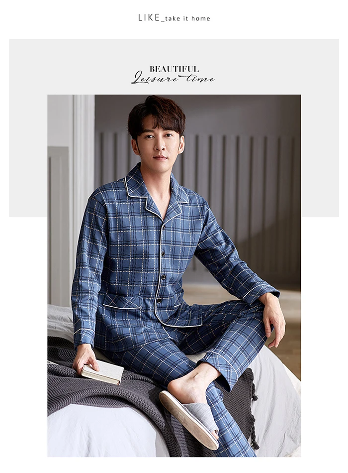 Men Pyjama Set 100% Cotton Spring Long Sleeve Print Men Pajama Suit Autumn Nightwear Collar Pijama Male Sleepwear Two Piece XXXL mens short pjs