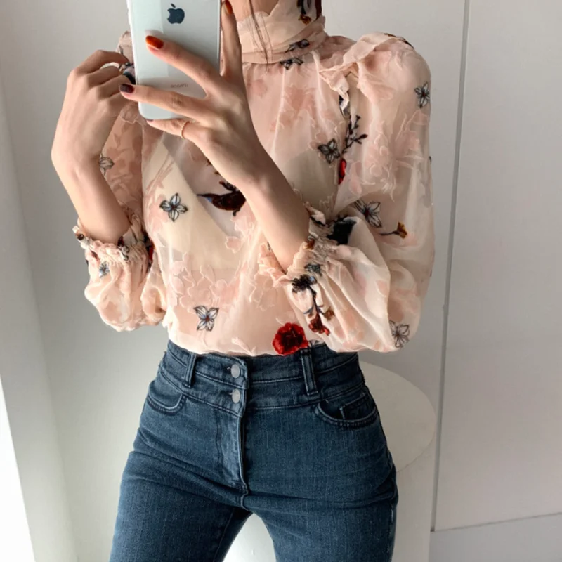 JMPRS роскошный цветок из флока женская блузка сексуальные полупрозрачные со