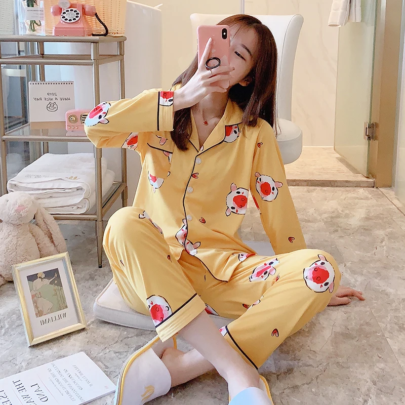 Пижамы для женщин с длинным рукавом в клетку в Корейском стиле розовый Kawaii пижамный комплект размера плюс женская домашняя одежда мягкая с отложным воротником - Цвет: 10