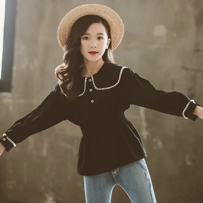 Black Chiffon Blouse Белая школьная блузка для девочек-подростков; хлопковые однотонные детские блузки и рубашки с рюшами для малышей; детские изысканные Топы; одежда для детей 12-13 лет - Цвет: Black Chiffon Blouse