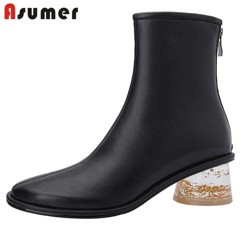

Asumer 2022 Top Quality Genuine Leather Shoes Women Ankle Boots Crystal Transparent Thick Heels Fashion Zip Party Shoes Women