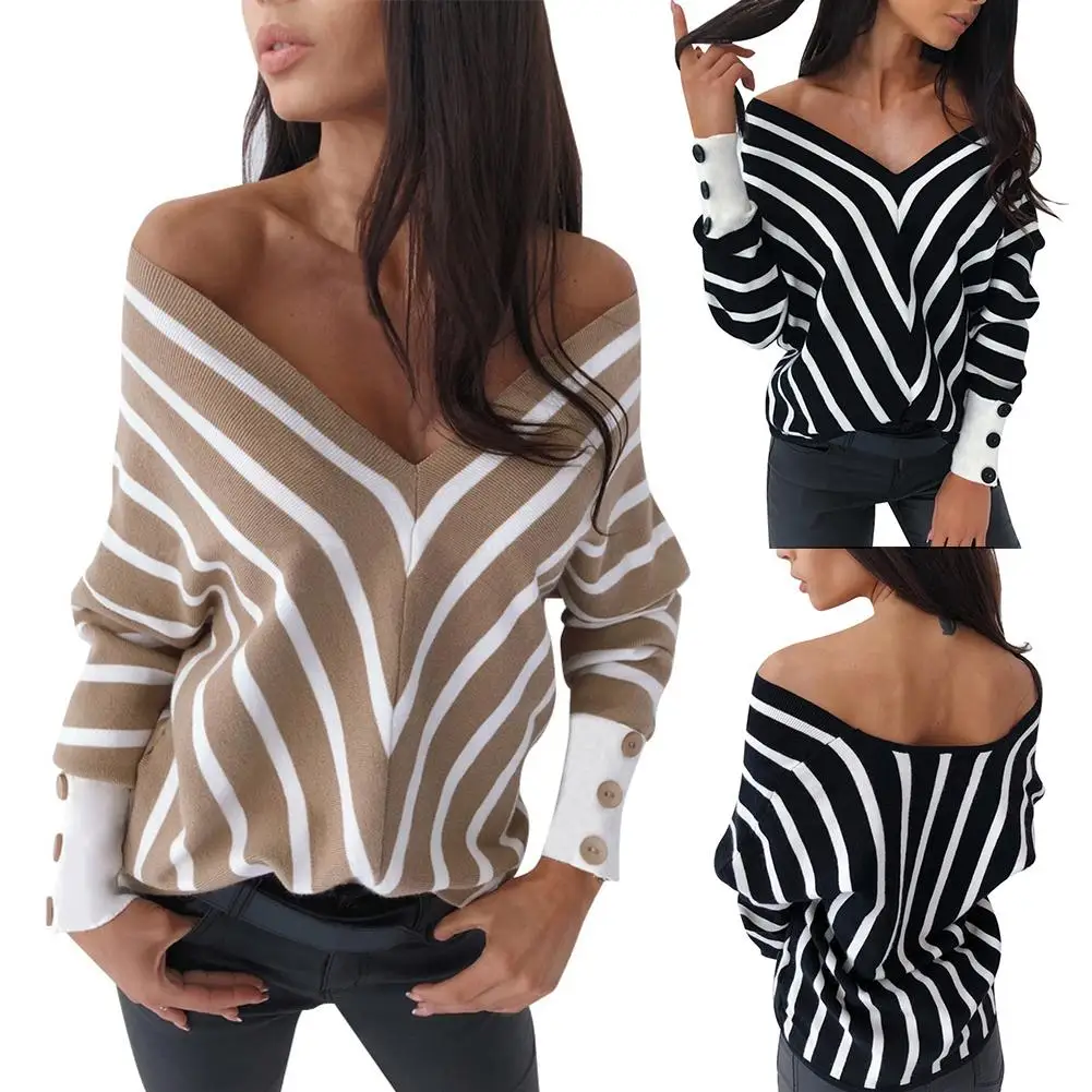 Новый стиль шикарные женские с длинным рукавом глубокий v образный вырез полосы