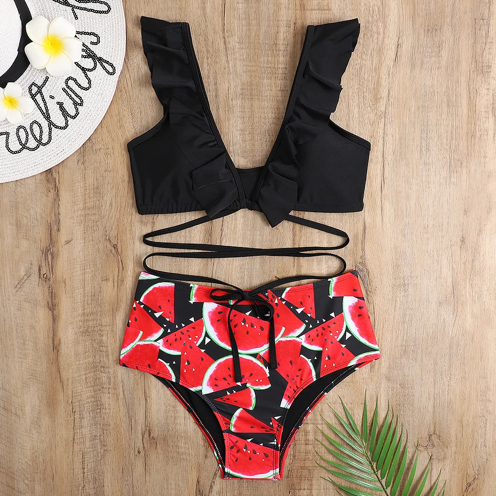 

2021 New Watermelon Print Swimwear Women Summer Push up Ruffle Bikini set Women Water Sport Bathing Suit Beachwear