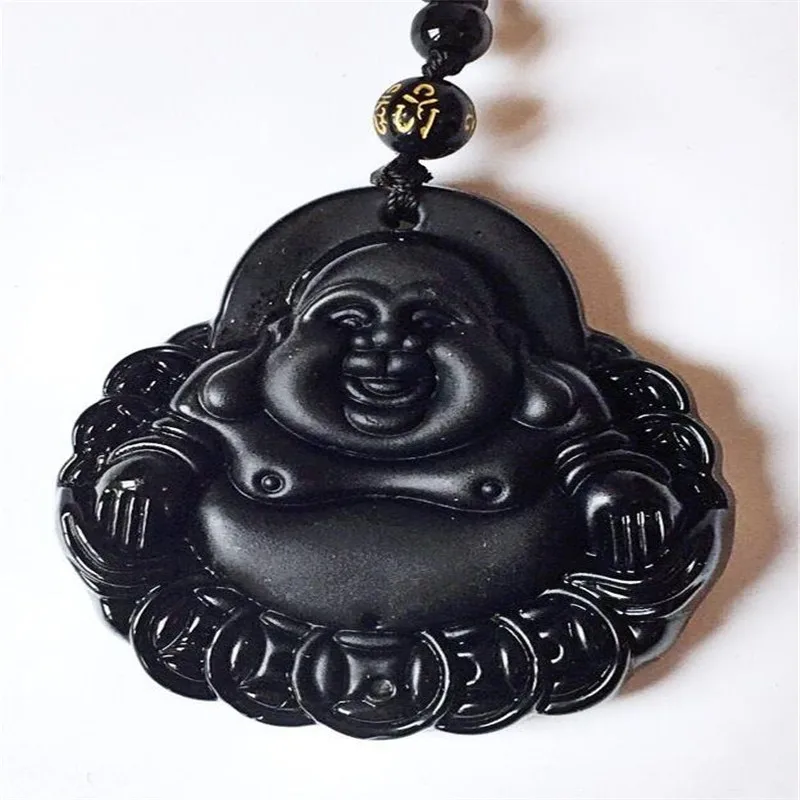 

REIKI ENERGY CHARGED CRYSTAL STONE LARGE BLACK OBSIDIAN LAUGHING BUDDHA PENDANT