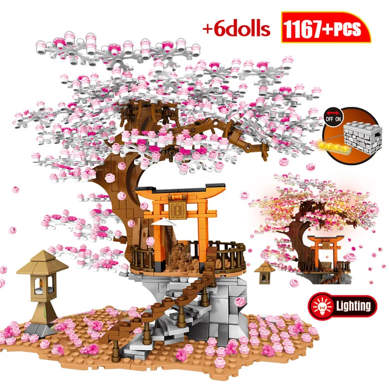 

City Street View Idea Sakura Stall Inari Shrine Bricks Friends DIY Cherry Blossom Landscape House Building Block Toys for Girls