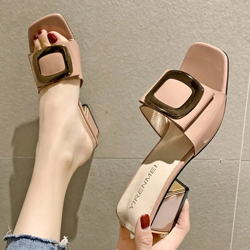 

Summer Women Shoes Slippers Fashion Metal Buckle Ladies Mules Slides High Heels Pumps Women Casual Slippers